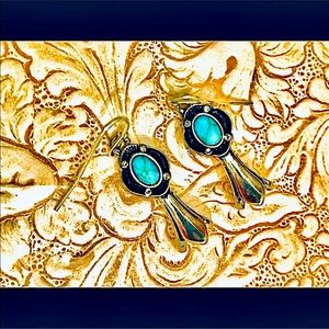 SQUASH BLOSSOM TURQUOISE SILVER EARRINGS 1 1/4” LONG LAST PAIR